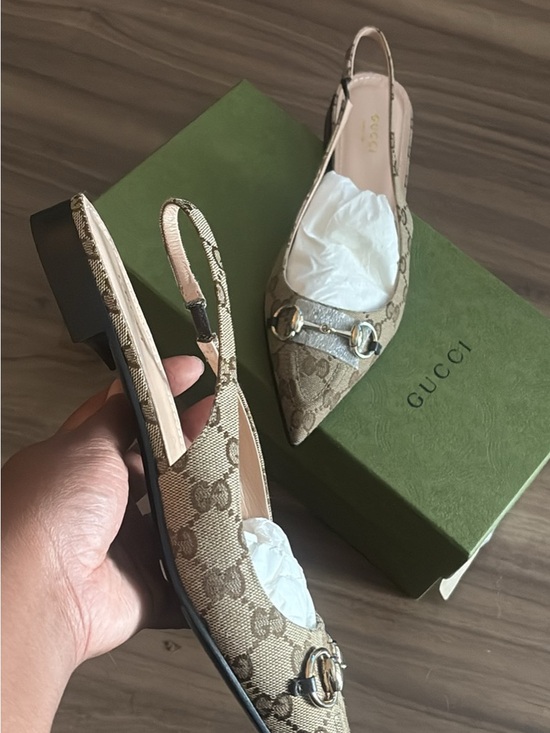 Gucci Shoes - Gucci Beige Monogram Slingback Pointed Toe Mules with Gold Horsebit